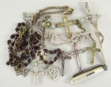 ASSORTED JEWELLERY to include mother of pearl handled fruit knife, crucifix pendant on chains, beads