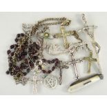 ASSORTED JEWELLERY to include mother of pearl handled fruit knife, crucifix pendant on chains, beads