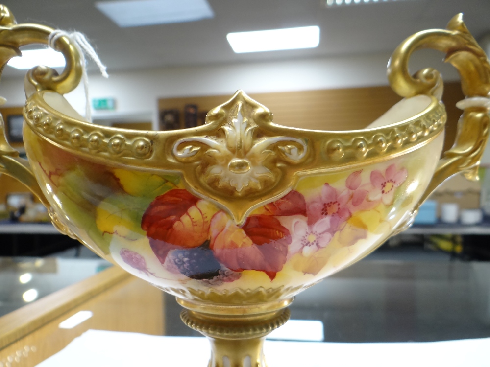 ROYAL WORCESTER TWIN HANDLED PEDESTAL CENTREPIECE hand painted with Autumnal berries and foliage - Image 14 of 14