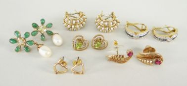 ASSORTED YELLOW METAL LADIES EARRINGS to include pearls, rubies, sapphires of varying design, 30.