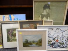 ASSORTED PICTURES including a hand coloured etching by A Bassett entitled 'Stood on Settee'