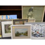 ASSORTED PICTURES including a hand coloured etching by A Bassett entitled 'Stood on Settee'