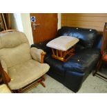 LARGE MODERN BLACK LEATHER ARMCHAIR and a modern Kub rocking chair with rocking stool (3)