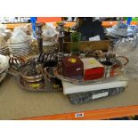 ASSORTED METALWARE including toast racks, plated tea tray and plated candlesticks