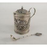 A CHINESE WHITE METAL CYLINDER MUSTARD BY WANG HING decorated with a three clawed dragon to the