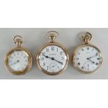 THREE GOLD PLATED OPEN FACED POCKET WATCHES including American Bunn Special watch with engraved