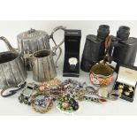 ASSORTED COLLECTABLES to include three piece EP tea set, Carl Zeiss Jenoptem 7x50 binoculars,