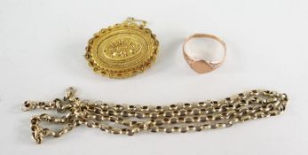 THREE ITEMS OF VINTAGE JEWELLERY comprising 15ct yellow gold locket-brooch, 9ct rose gold signet