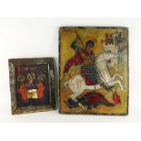 ORTHODOX ICONS of St George and the Dragon & Three Saints around a table, largest 43 x 35cms