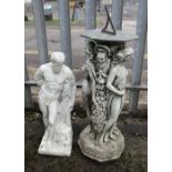 TWO GARDEN ORNAMENTS including a figural sun dial, 80cms high, and a figure of Hercules