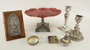 A GROUP OF SILVER & PLATE including a Meriden (American) plated comporte, silver candlestick, an