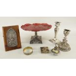 A GROUP OF SILVER & PLATE including a Meriden (American) plated comporte, silver candlestick, an