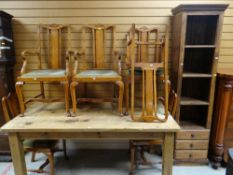 MODERN LIGHT WOOD RUSTIC DINING TABLE, together with 4+2 vintage chairs, and a narrow bookcase