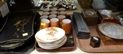 ASIAN CARVED BOXES, PORCELAIN & JAPANNED TEA TRAYS