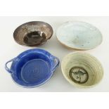 STUDIO POTTERY ITEMS comprising four bowls including one blue glazed with handles by Ned Haywood,
