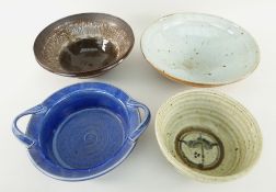 STUDIO POTTERY ITEMS comprising four bowls including one blue glazed with handles by Ned Haywood,