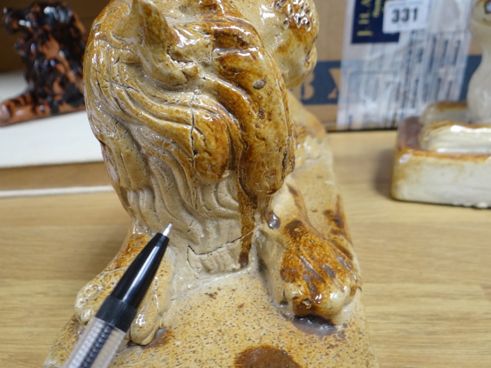THREE SALTGLAZED POTTERY LIONS of recumbent form on plinths, largest 22cms wide, and a pottery - Image 10 of 23