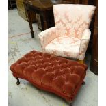 PINK UPHOLSTERED BEDROOM CHAIR and button upholstered foot stool (2)