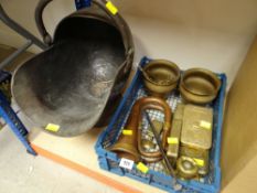 ASSORTED METALWARE including copper cornet, Christmas boxes and coal scuttle