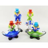 FOUR MURANO COLOURED GLASS CLOWN FIGURINES