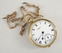 9CT YELLOW GOLD VINTAGE WALTHAM WATCH & CHAIN, cased