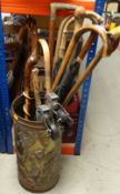ASSORTED WALKING CANES & UMBRELLAS IN METAL STICK STAND