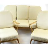 ERCOL SOFA pale wood, three seater sofa and two armchairs, yellow upholstered cushions
