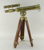 REPRODUCTION BRASS 9 1/4 INCH TELESCOPE ON EXTENDING WOOD TRIPOD STAND, telescope 38cms long