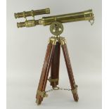 REPRODUCTION BRASS 9 1/4 INCH TELESCOPE ON EXTENDING WOOD TRIPOD STAND, telescope 38cms long