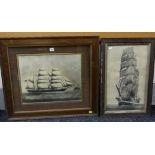 TWO BLACK AND WHITE FRAMED SHIP PRINTS of the Macquari, Australia, built circa 1875, 56 x 33cms, and