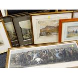 ASSORTED PRINTS & WATERCOLOURS including 'The Pilgrimage to Canterbury' reproduction print after