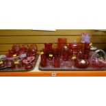 ASSORTED CRANBERRY GLASSWARE including silver-plate mounted biscuit barrel and a three-piece cruet