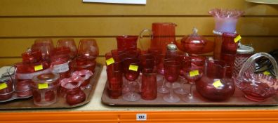 ASSORTED CRANBERRY GLASSWARE including silver-plate mounted biscuit barrel and a three-piece cruet