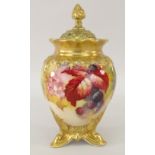 ROYAL WORCESTER POT POURRI VASE AND COVER RAISED ON TRIPOD BASE, hand painted with autumnal