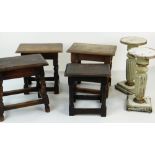 FOUR JOINT OAK STOOLS & TWO PAINTED WOOD COLUMN PEDESTALS, pedestals 53cms high (6)