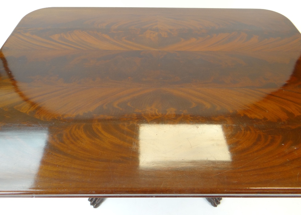 WILLIAM IV FLAME MAHOGANY BREAKFAST TABLE, rectangular tilt action top, on elaborate carved column - Image 4 of 7