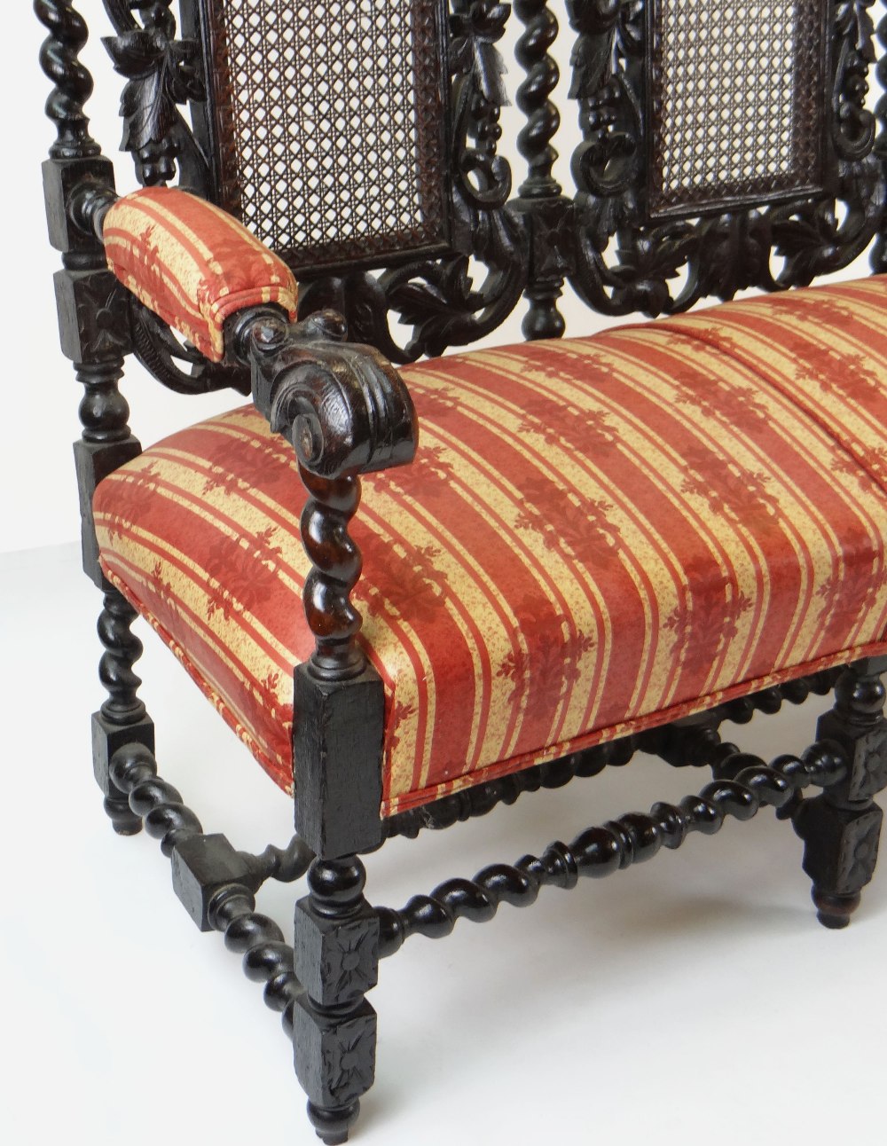 CAROLEAN STYLE CARVED OAK & CANED TRIPLE BACK SETTEE, 166cms wide - Image 3 of 4