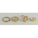 FOUR 9CT YELLOW GOLD RINGS to include two signet, one wedding band and cameo, 10.7gms overall