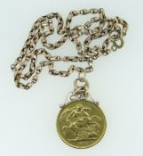 VICTORIA GOLD DOUBLE SOVEREIGN DATED 1887 on 9ct gold chain, 28.9gms overall