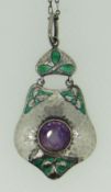 MURRLE BENNETT Art Nouveau amethyst silver and enamel pendant on chain, stamped '950'