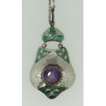 MURRLE BENNETT Art Nouveau amethyst silver and enamel pendant on chain, stamped '950'