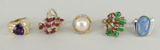 PARCEL OF 14CT YELLOW GOLD & ONE 14CT WHITE GOLD DRESS RING set with opal, diamonds, rubies ETC,