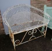 SMALL PAINTED METAL GARDEN SEAT WITH ARCADED BACK