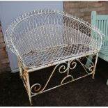 SMALL PAINTED METAL GARDEN SEAT WITH ARCADED BACK