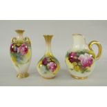 THREE ROYAL WORCESTER ITEMS comprising small twin-handled vase, hand painted with roses signed 'M