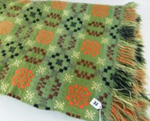 WELSH WOOLEN BLANKET, woven green orange, black, ivory with fringe