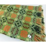 WELSH WOOLEN BLANKET, woven green orange, black, ivory with fringe