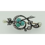 WHITE METAL DIAMOND PEARL & TURQUOISE SCROLL DESIGN BAR BROOCH, 7.4grams