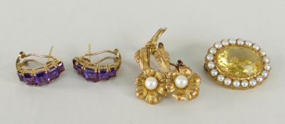 PARCEL OF 9CT GOLD SET JEWELLERY to include seed pearl and citrine bar brooch, pair of earrings