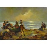 EARLY 20TH CENTURY SCHOOL oil on canvas - herring fisher-women on a beach, bears signature Sidney